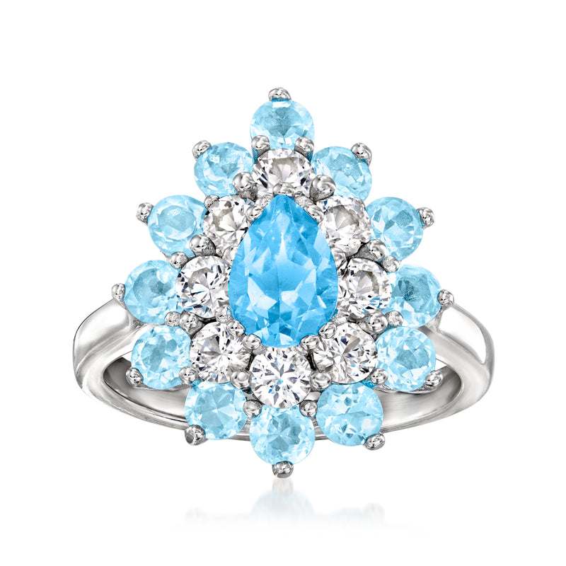 Sterling silver ring with oval sky-blue topaz center, blue stones, and white zircon accents