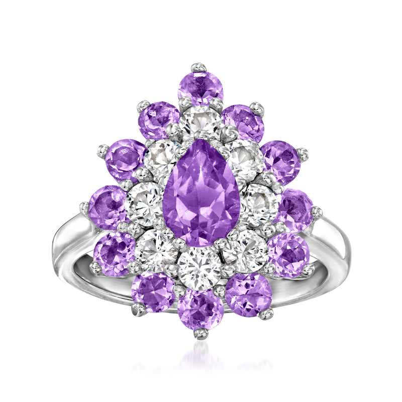 Sterling silver ring with oval amethyst center, purple halo and white zircons
