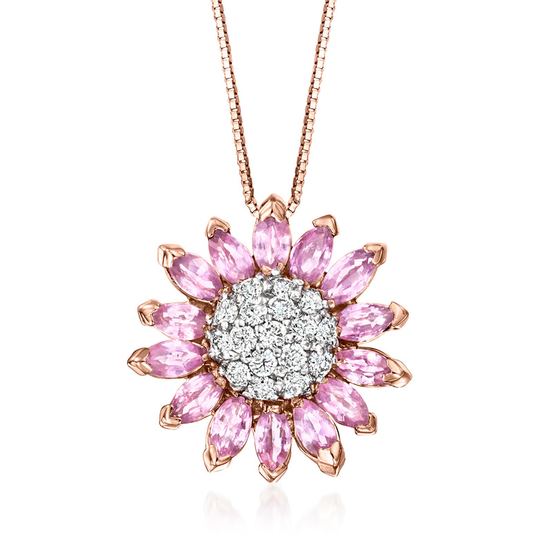 14kt rose gold flower pendant necklace with pink gemstone petals and diamond center