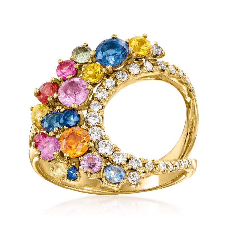 14kt yellow gold multicolored gemstone and diamond halo ring, oval center stone with ruby accents
