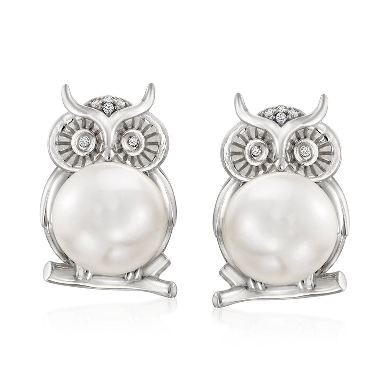 Sterling silver owl stud earrings with white cultured pearl and diamond-like accents