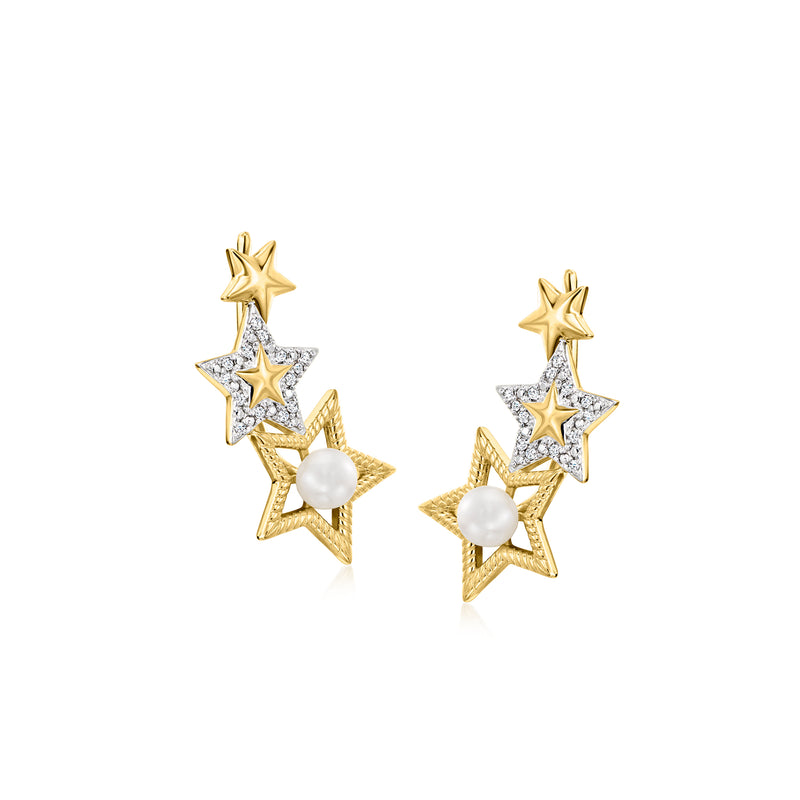 Gold star ear climber earrings with white cultured pearls and diamond accents