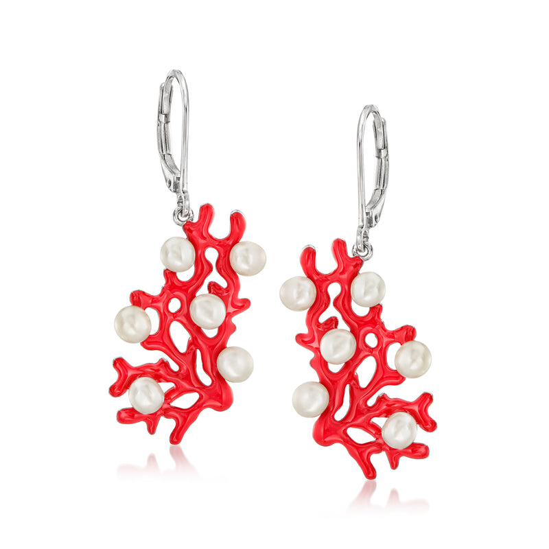 Sterling silver leverback coral reef drop earrings with red enamel coral and white cultured pearls