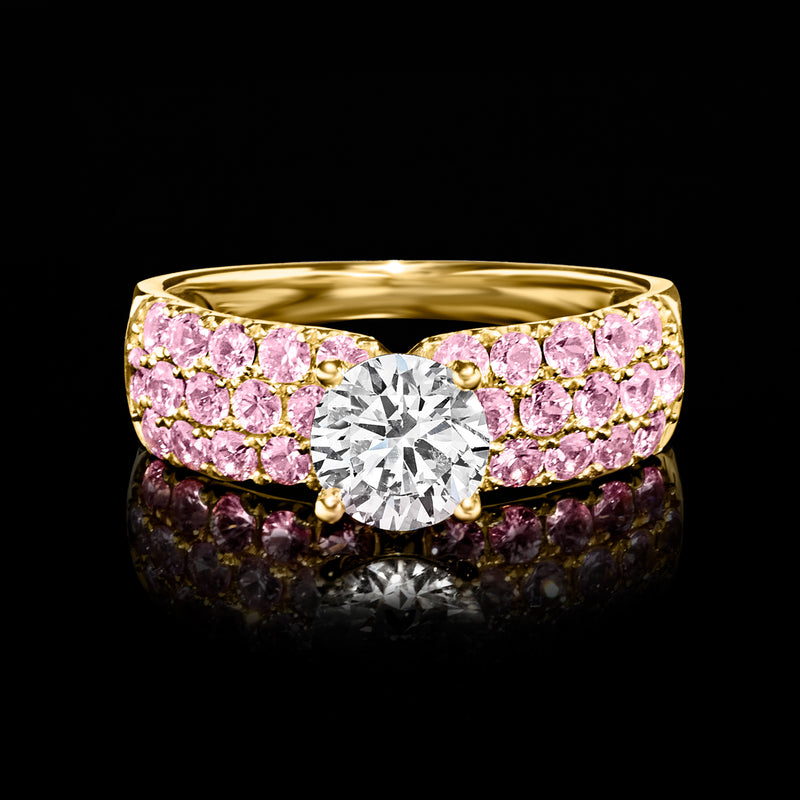 14kt yellow gold ring with round center diamond and pink sapphire side panels