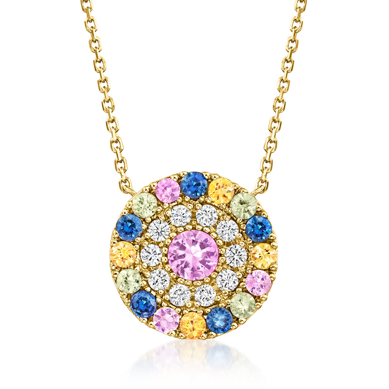 14kt yellow gold circle pendant necklace with multicolored sapphires and diamond accents