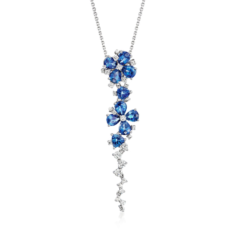14k white gold pendant necklace with blue sapphire flower drops and small diamond accents