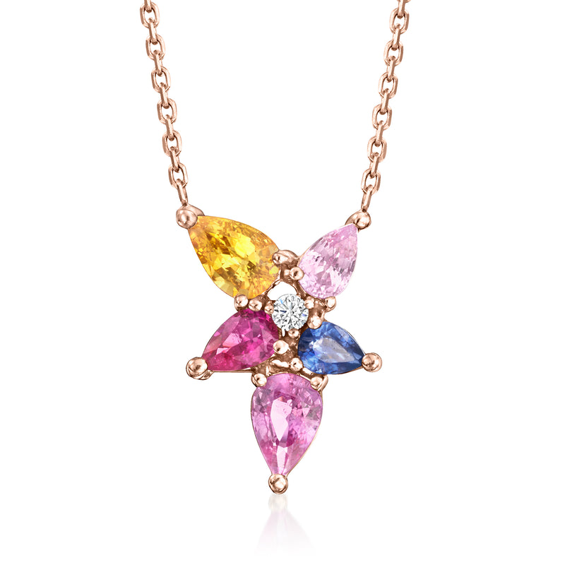 Rose gold pendant necklace with abstract flower multi-gem teardrops and diamond accents