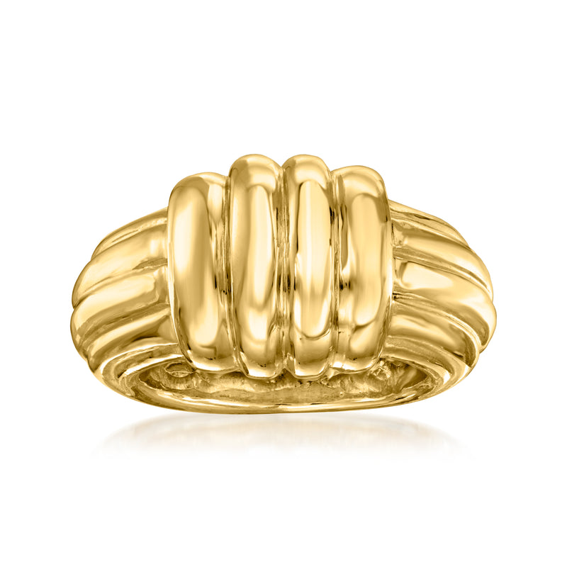 Yellow gold ribbed band ring with rounded chunky profile