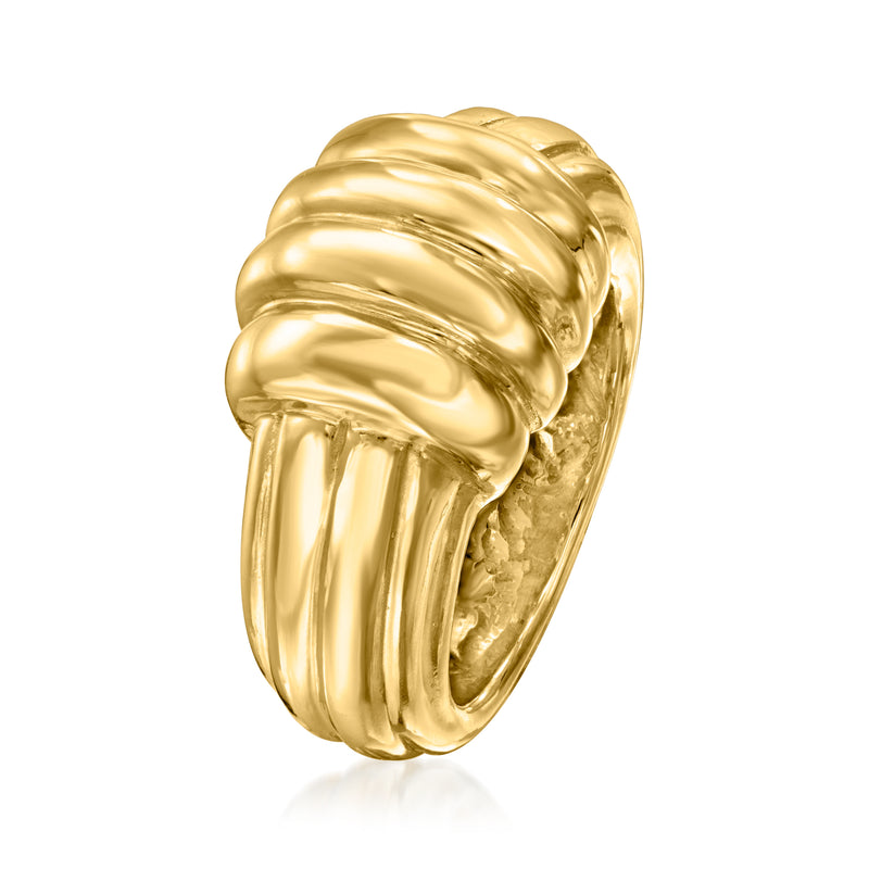 Yellow gold ribbed ring with thick domed top and curved band