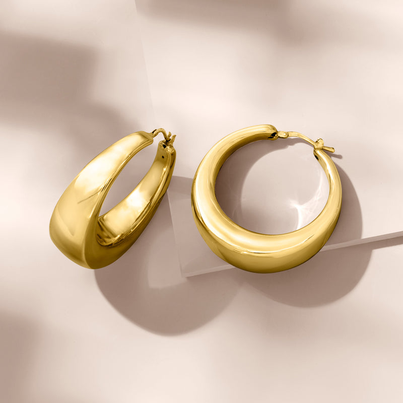 14kt yellow gold hoop earrings, polished oval hoops viewed from side