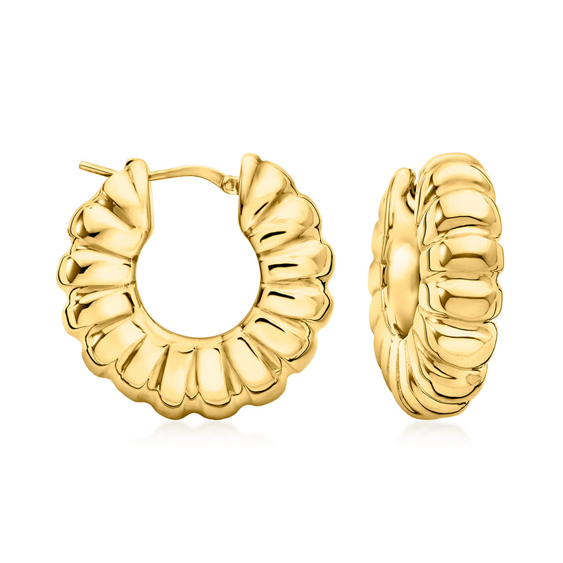 14kt yellow gold hoop earrings with textured shrimp scallop detail