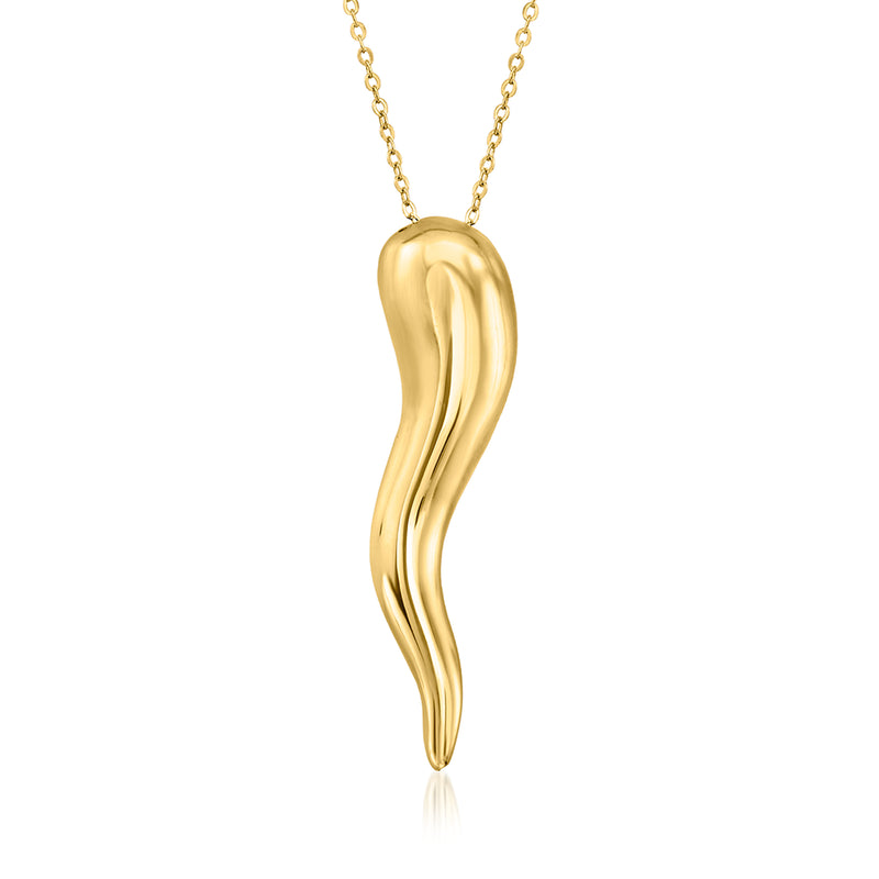 Yellow gold horn pendant necklace with wavy curved horn pendant.