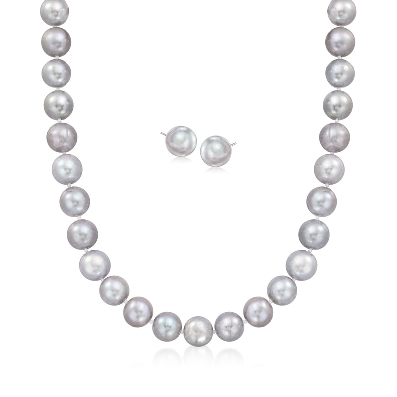 Gray cultured pearl necklace and stud earring set in sterling silver