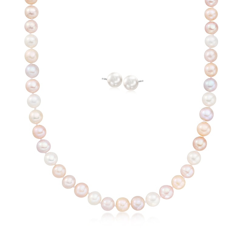 Multicolored cultured pearl necklace with stud earrings, sterling silver posts