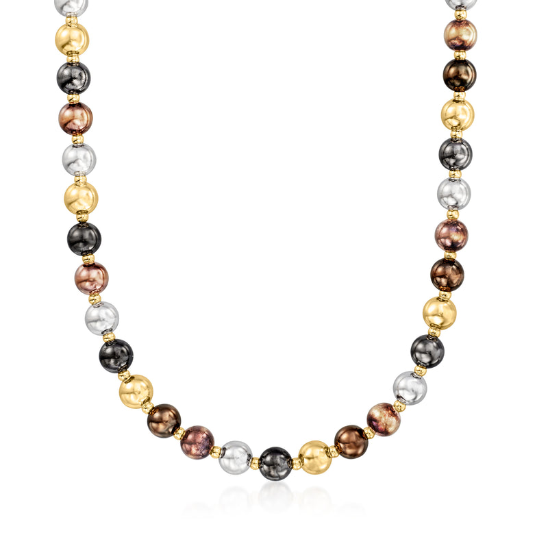 Multicolored 14kt gold bead necklace with round mixed-tone beads and clasp
