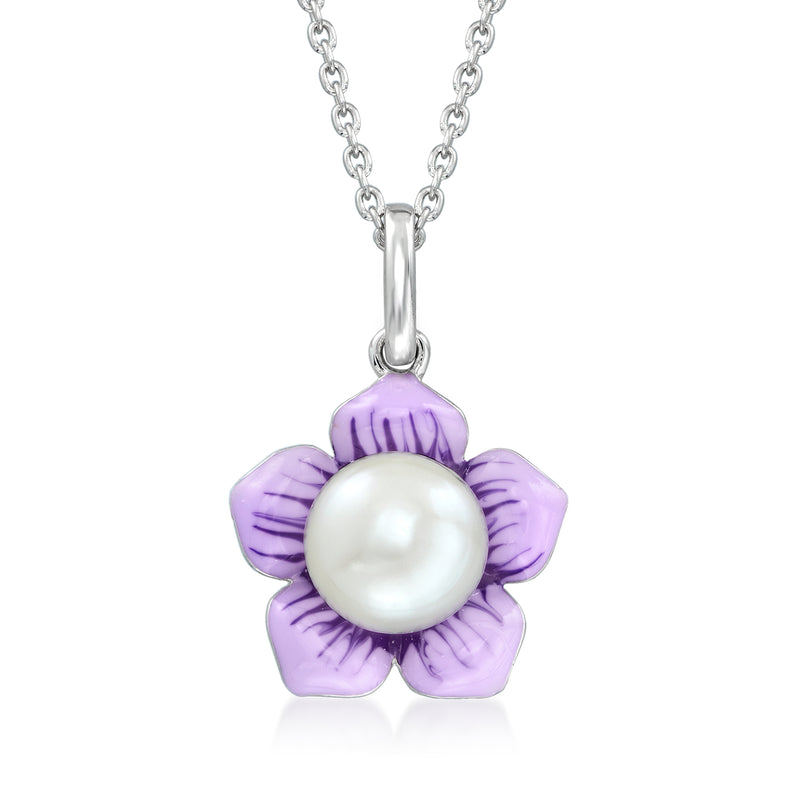 Sterling silver pendant necklace with white cultured pearl and purple enamel flower
