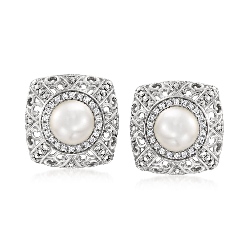 Sterling silver cultured pearl and diamond post earrings with milgrain filigree bezel