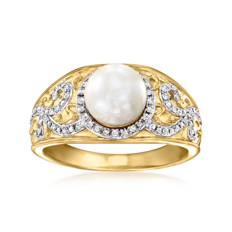 18kt gold over sterling ring with round white pearl center, diamond halo and side stones