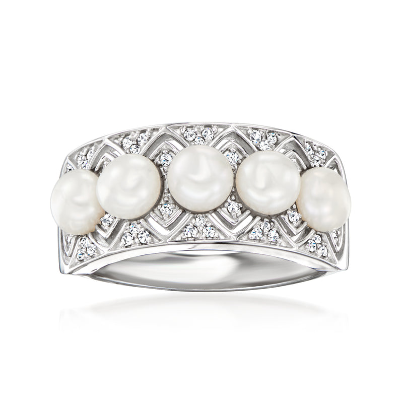 Sterling silver ring with four cultured pearls and sparkling diamond accents