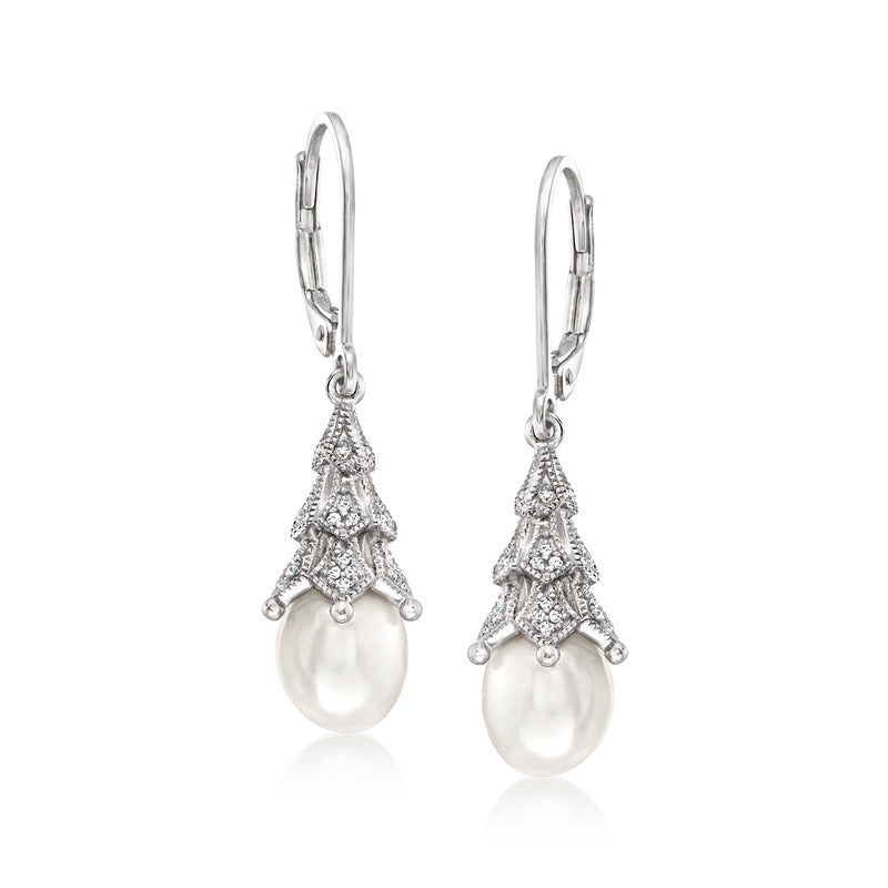 Sterling silver leverback drop earrings with white teardrop cultured pearl and diamond accents