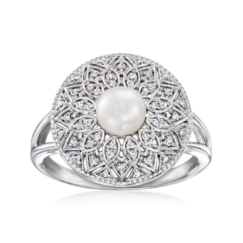 Sterling silver pearl and diamond ring with round filigree halo