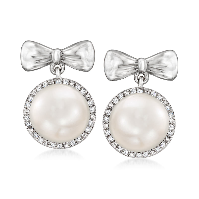 Pearl and diamond bow drop earrings in sterling silver