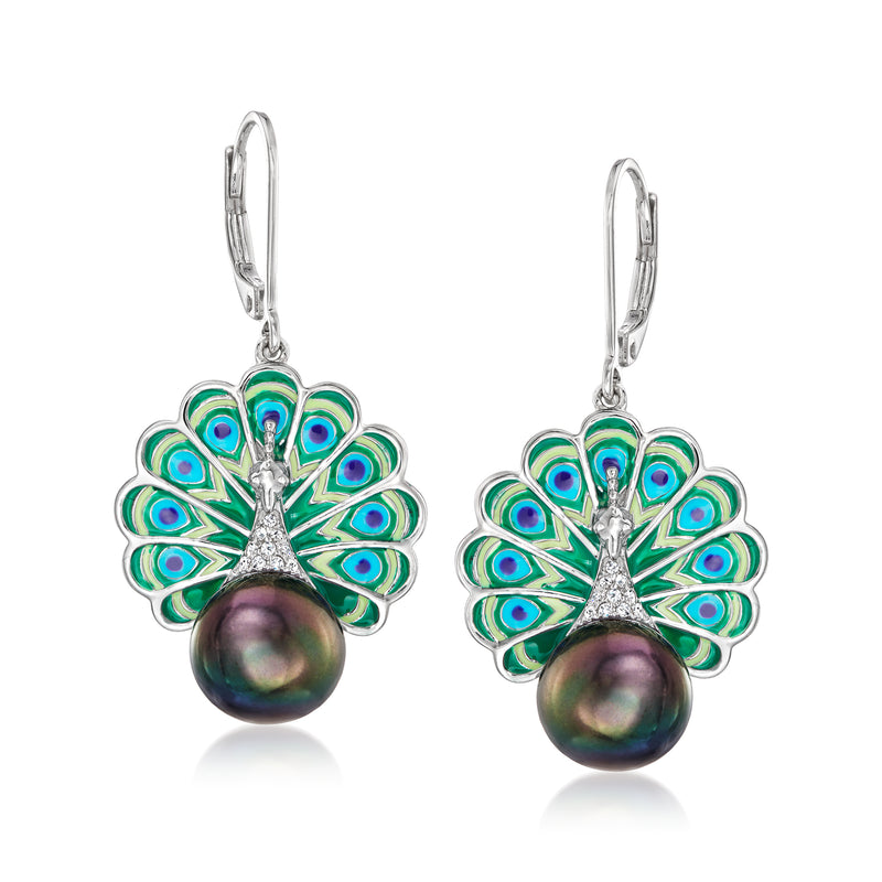 Sterling silver peacock enamel drop earrings with dark cultured pearl and lever backs
