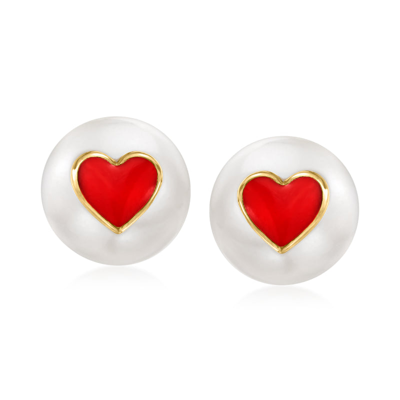 Cultured pearl heart stud earrings with red enamel heart and gold border
