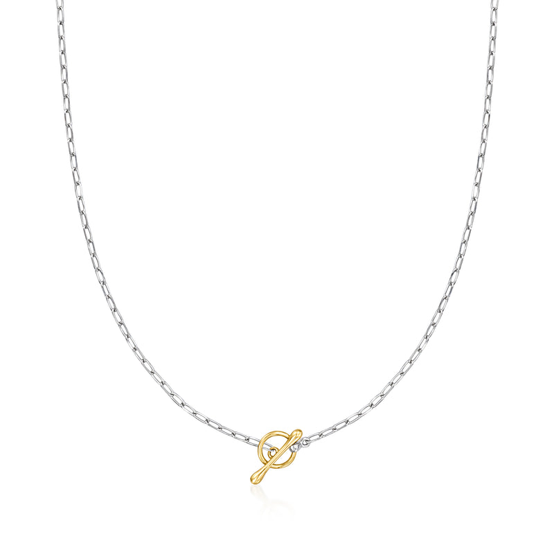 Sterling silver paper-clip link toggle necklace with 14kt yellow gold clasp
