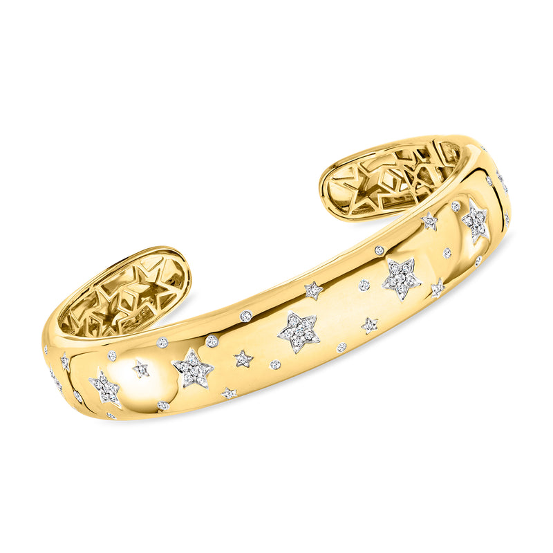 Gold star diamond cuff bracelet with star-shaped stones on open bangle