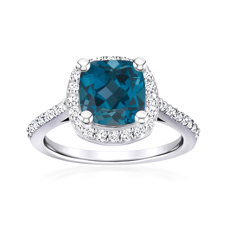 14kt white gold ring with cushion-cut London blue topaz and diamond halo