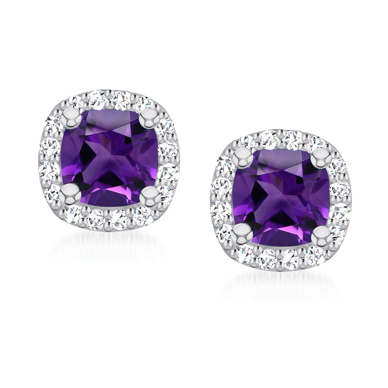 Amethyst cushion stud earrings with diamond halo in 14k white gold