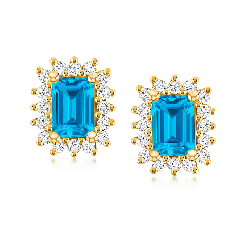 14kt yellow gold earrings with emerald-cut Swiss blue topaz and diamond halo studs