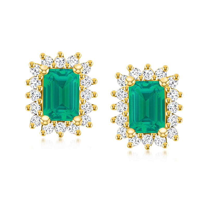 14kt yellow gold emerald and diamond stud earrings, emerald square with halo accents