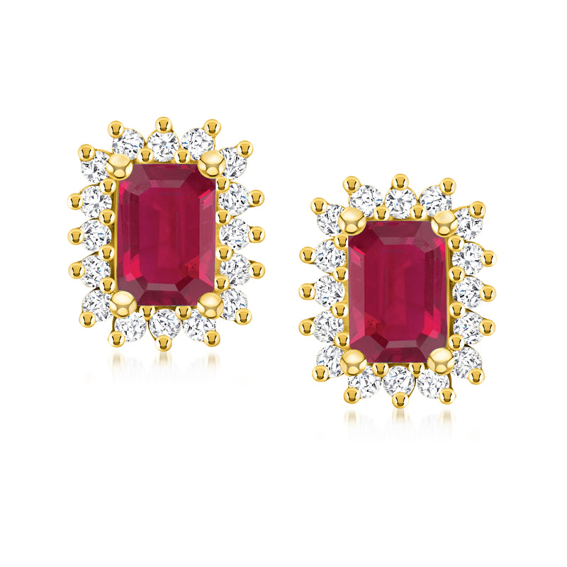 14kt yellow gold ruby square halo diamond stud earrings, post backs