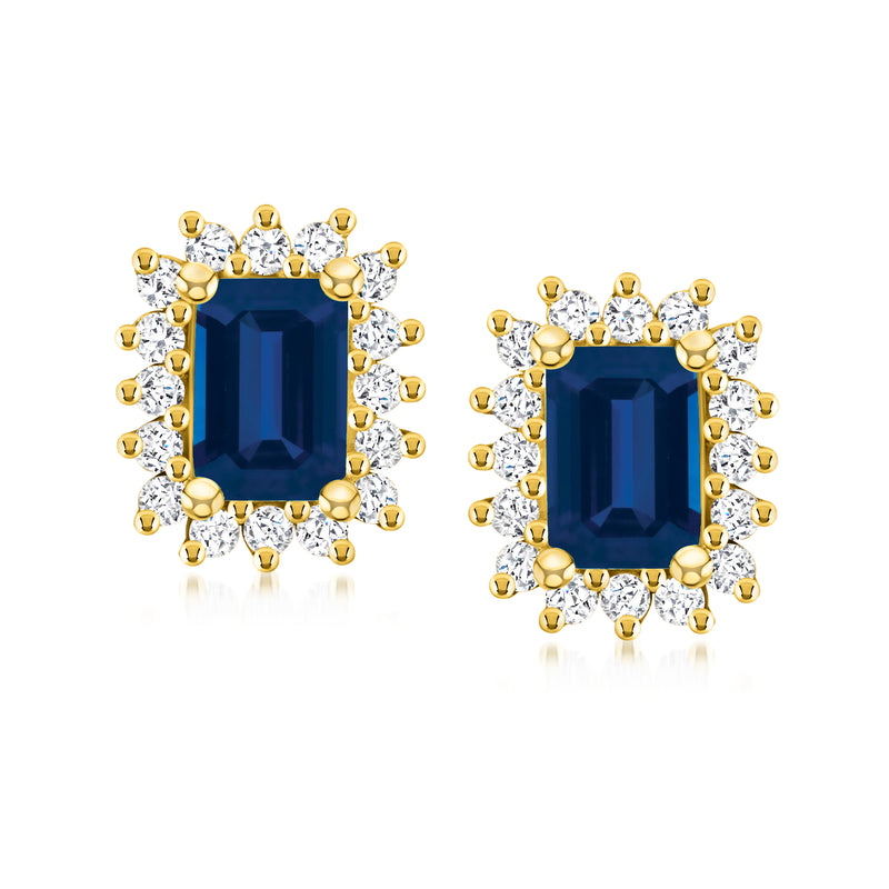 14kt yellow gold sapphire and diamond stud earrings with blue square halo