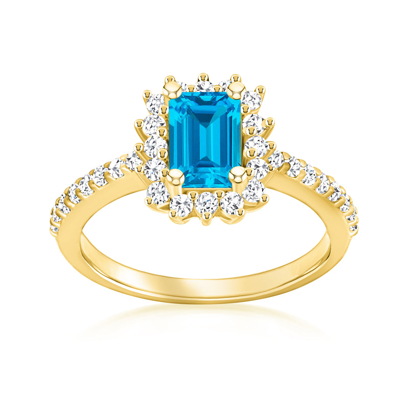 14kt yellow gold ring with Swiss blue topaz center and diamond halo and band accents