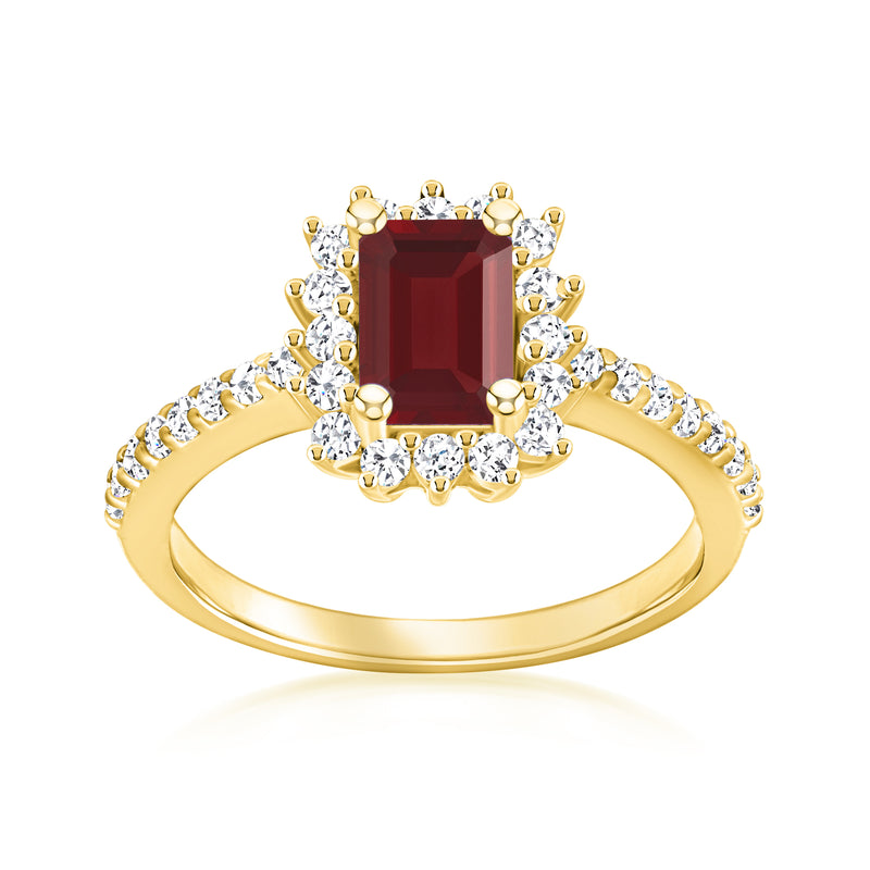 14kt yellow gold garnet halo ring with baguette and round diamond accents