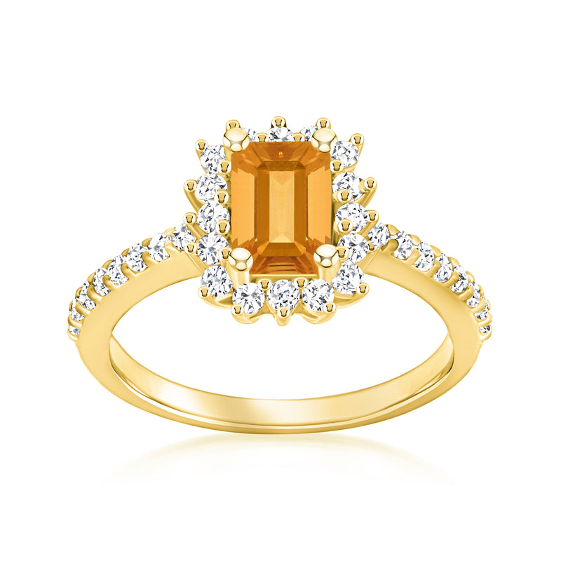 14kt yellow gold citrine and diamond ring with emerald-cut center and halo