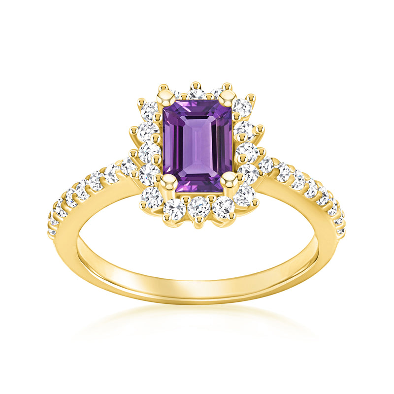 14kt yellow gold amethyst and diamond ring with purple cushion center stone