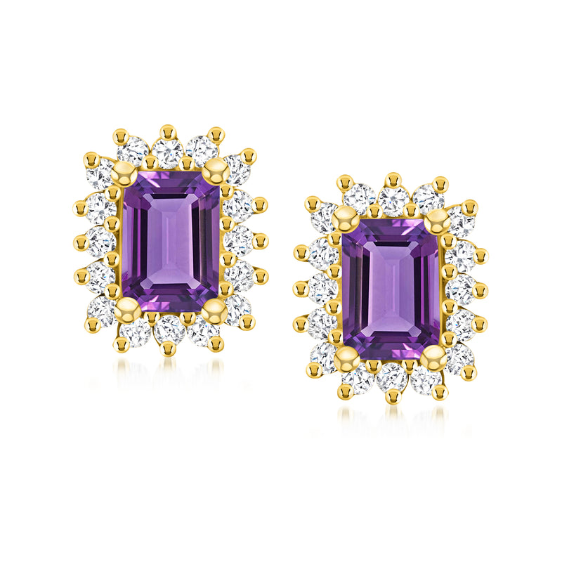 14kt yellow gold amethyst and diamond post earrings with step-cut purple center halo