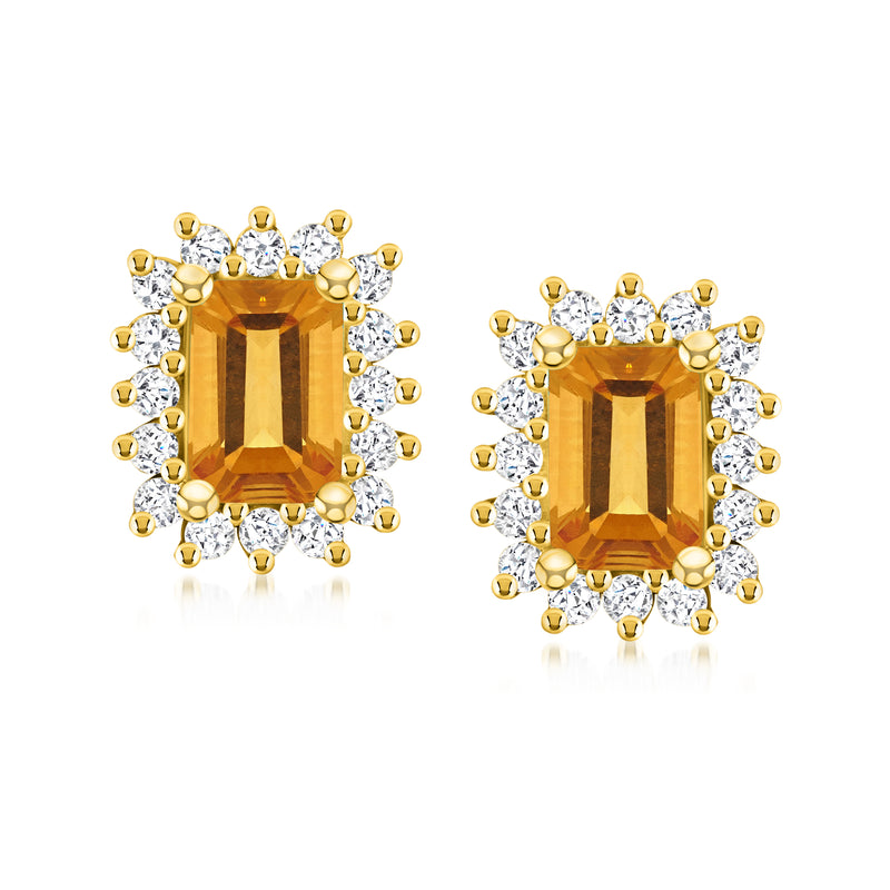 14kt yellow gold stud earrings with emerald-cut citrine and diamond halo