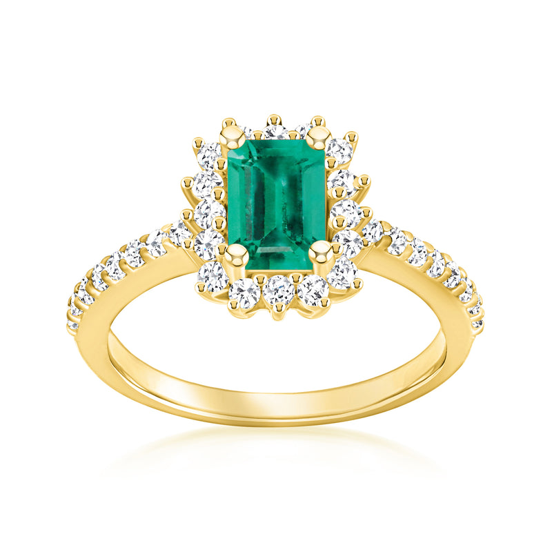 14kt yellow gold ring with emerald-cut green gemstone and diamond halo and band