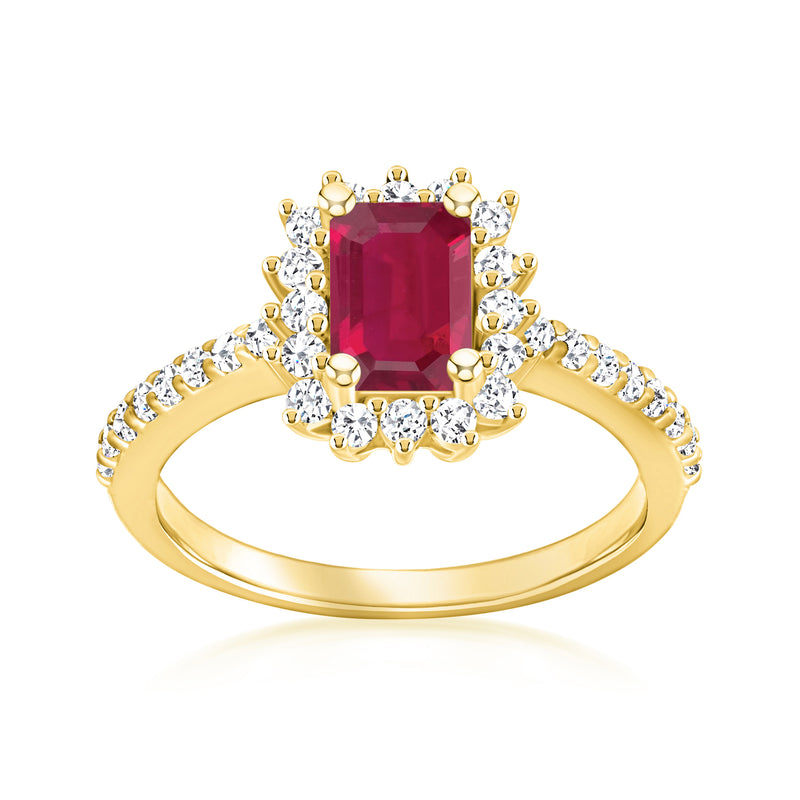 14kt yellow gold ring with rectangular red ruby center, diamond halo and side stones