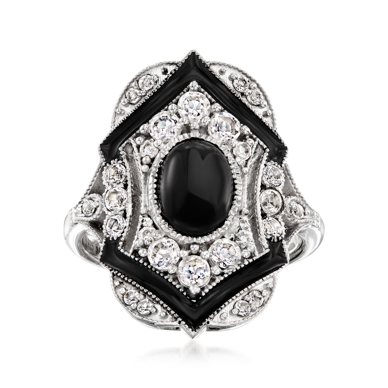 Sterling silver ring with black enamel bezel and oval dark stone, surrounded by clear zircons