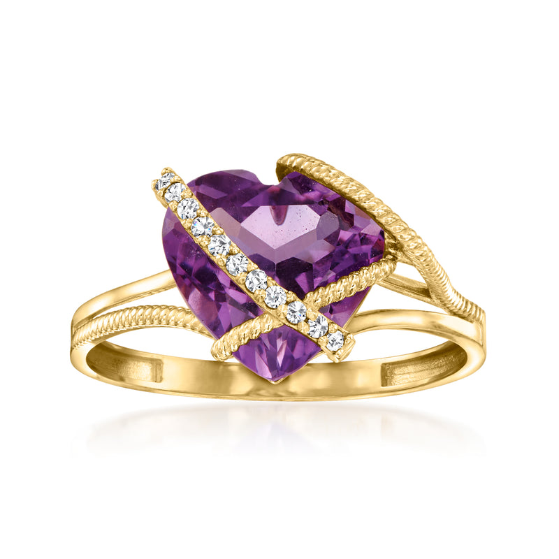 14kt yellow gold heart ring with purple amethyst and diamond accents, prong set