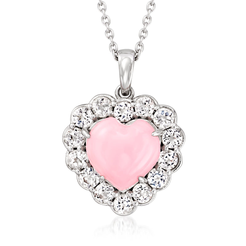 Sterling silver heart pendant necklace with pink opal center and white topaz halo