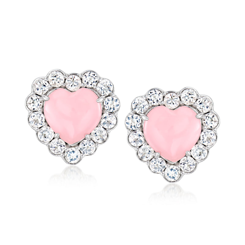 Sterling silver heart stud earrings with pink opal and clear gemstone halo