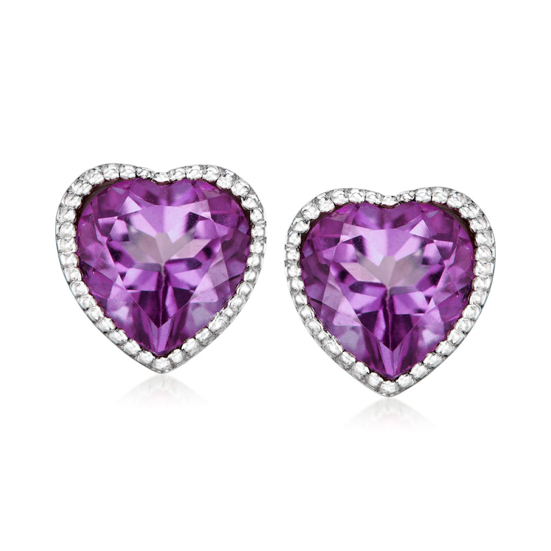 Amethyst heart stud earrings in sterling silver, purple gem with diamond-like halo