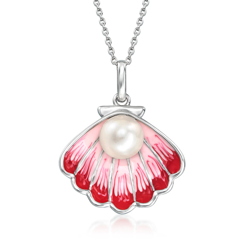 Sterling silver seashell pendant necklace with white cultured pearl and red enamel shell